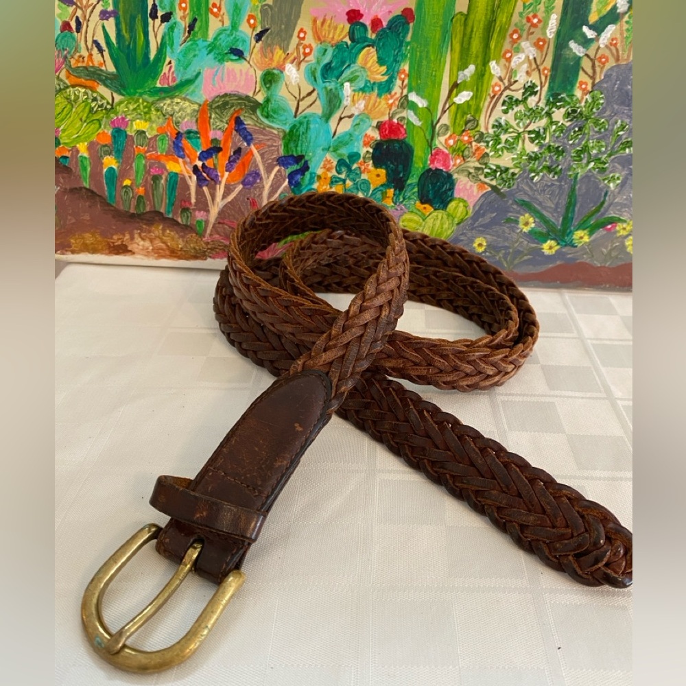 Vintage Men's Brown Braided Leather Belt, Brass Buckle, Size 42